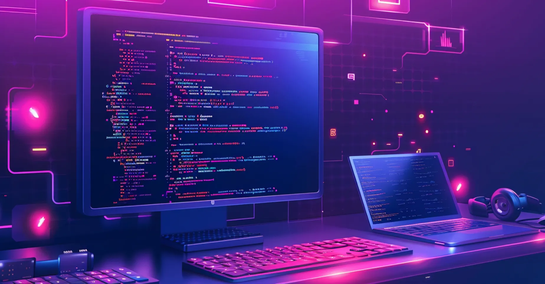 Desktop setup with code on screen