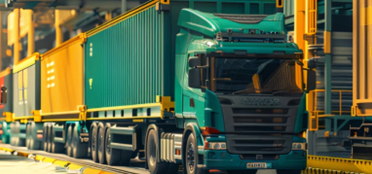 Green truck with containers parked in a modern logistics facility.