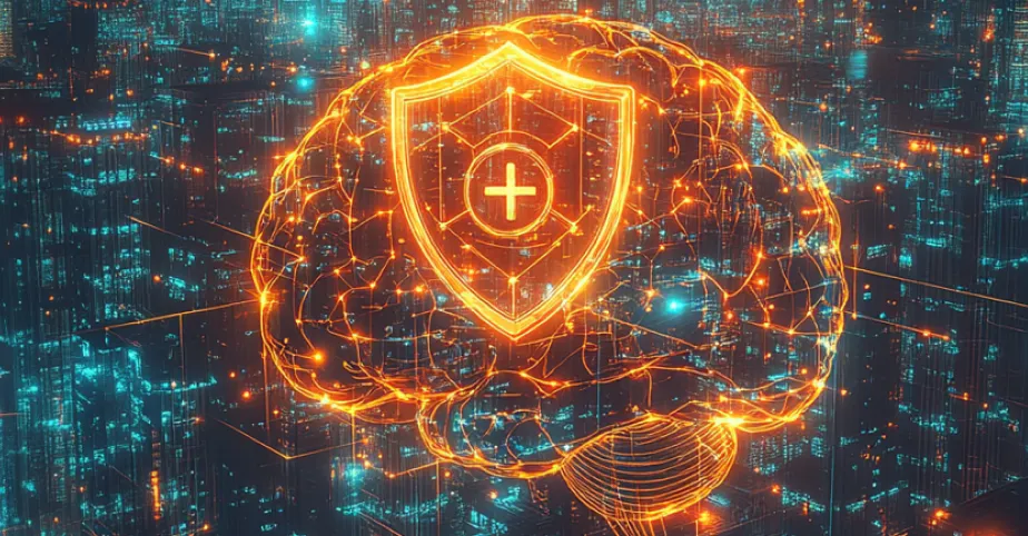 Security shield in front of a digital brain to represent AI in insurance