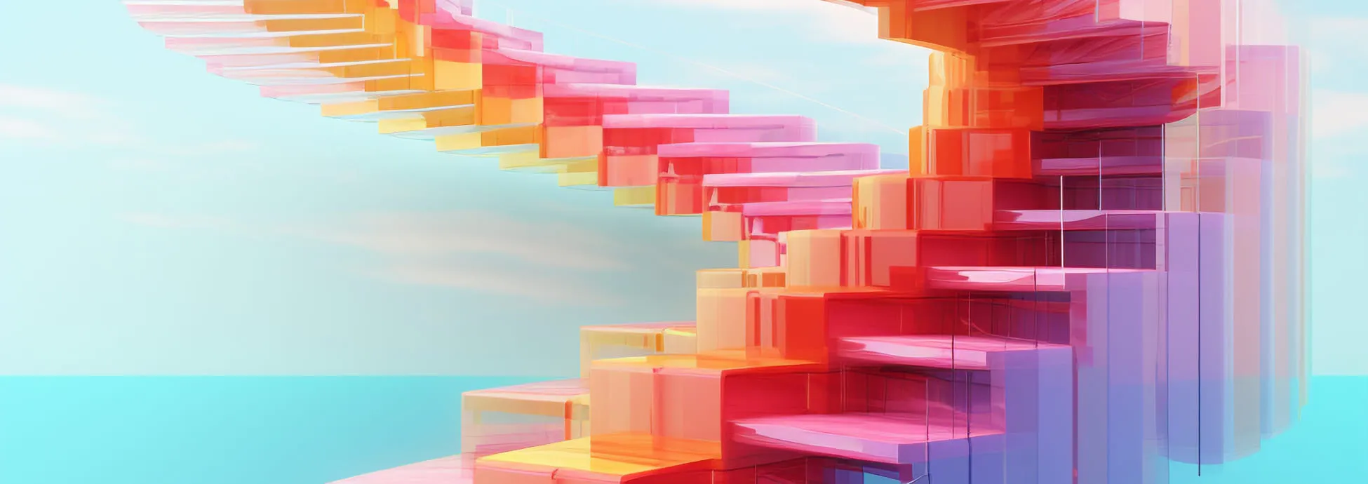 Colorful, translucent spiral staircase representing the iterative and evolving steps of the AI software development lifecycle