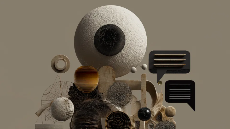 AI-native development demo visualization featuring abstract geometric shapes, a central 