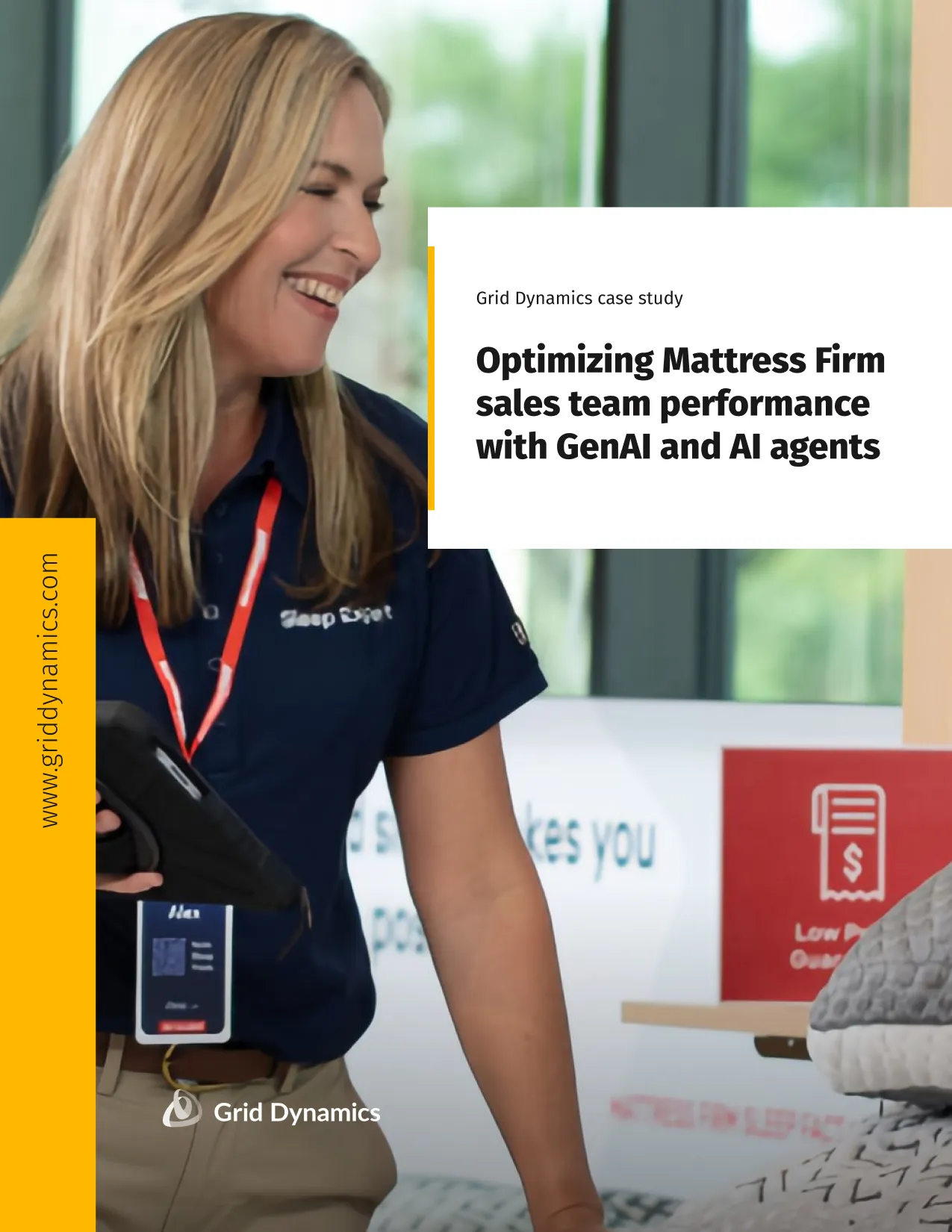 Mattress Firm Sleep Expert smiling with an AI agent for retail sales device in her hand