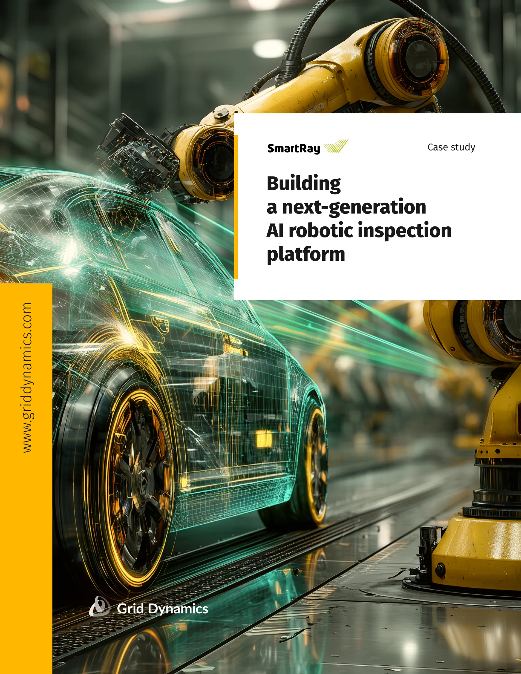 A robotic arm examines a car wheel in a digitally connected manufacturing setting, highlighting robotics inspection systems.