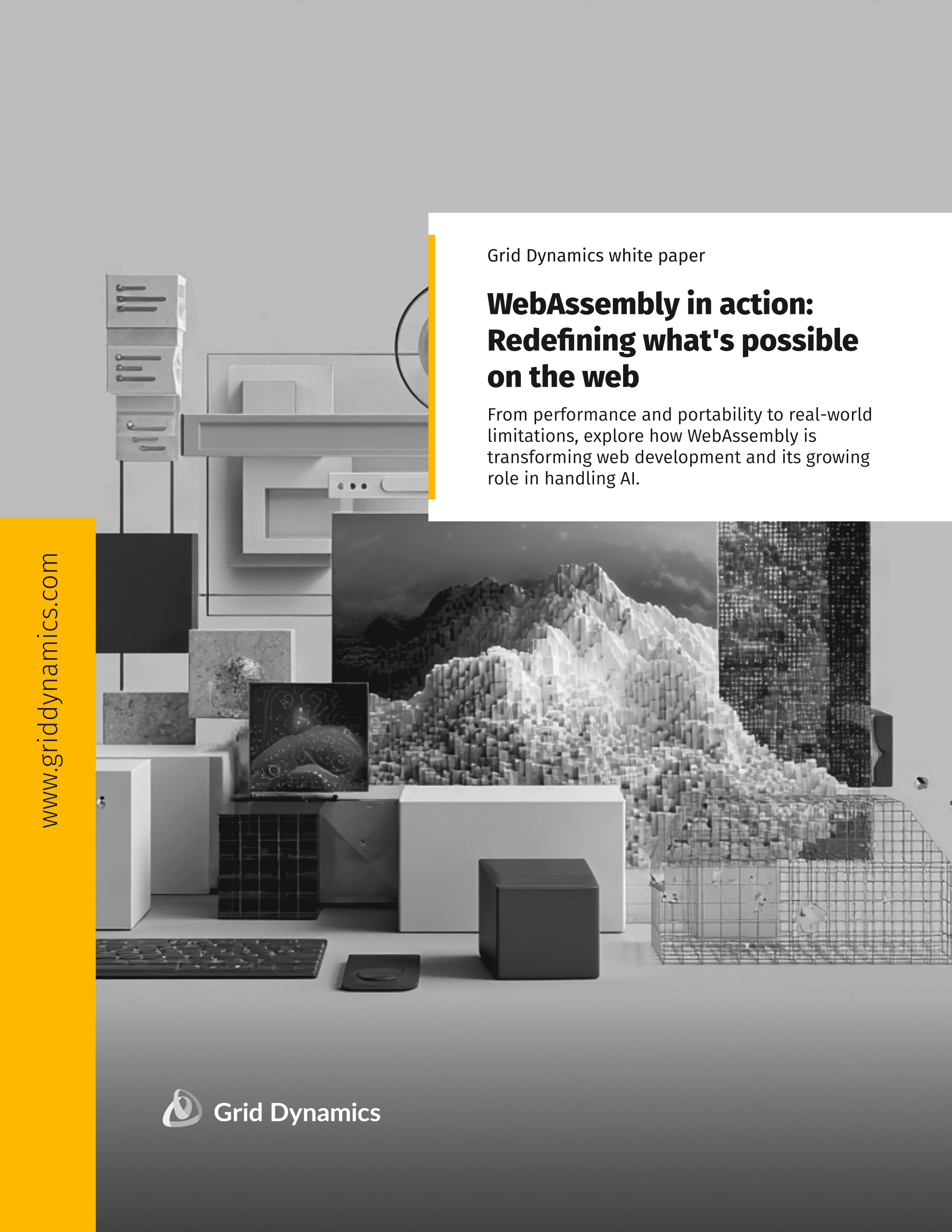 Cover page for a Grid Dynamics white paper on WebAssembly, featuring geometric shapes and a stylized data landscape, highlighting advancements in web technology