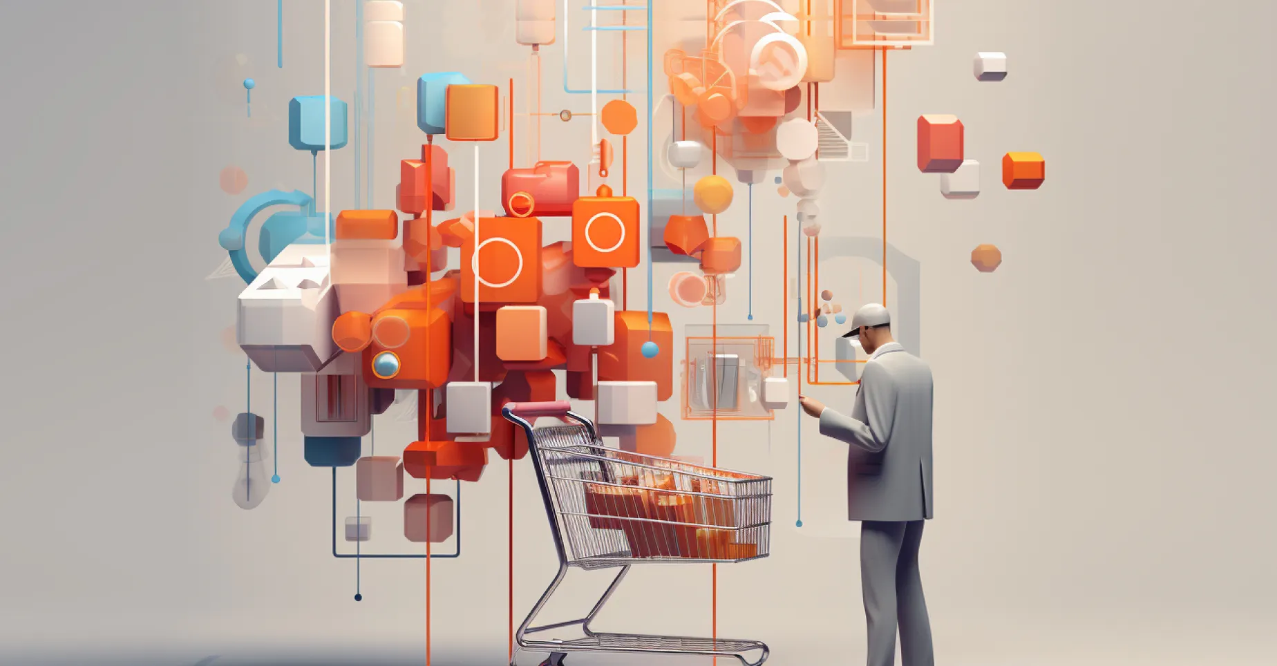 A man stands by a shopping cart, surrounded by floating abstract geometric shapes.