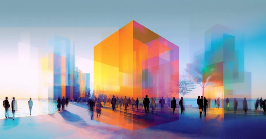 Vibrant translucent cubes and silhouettes of people in a digital cityscape, visually representing the dynamic and layered nature of AI software development, where diverse technologies, data, and human collaboration intersect to build innovative, interconnected digital solutions