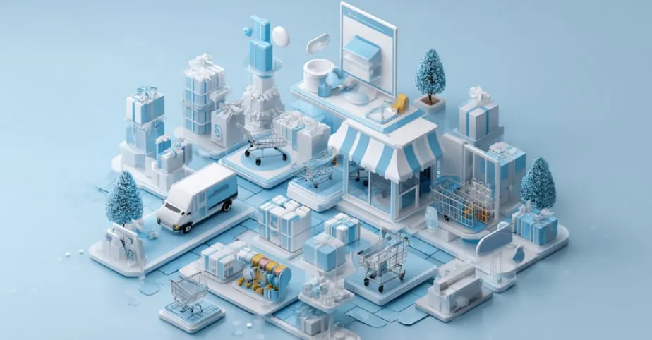 Inventory management system featuring a central storefront surrounded by delivery vans, shopping carts, stacked packages, and digital screens. The scene depicts the integration of online and physical retail, logistics, and automated inventory processes, all connected within a seamless, technology-driven supply chain