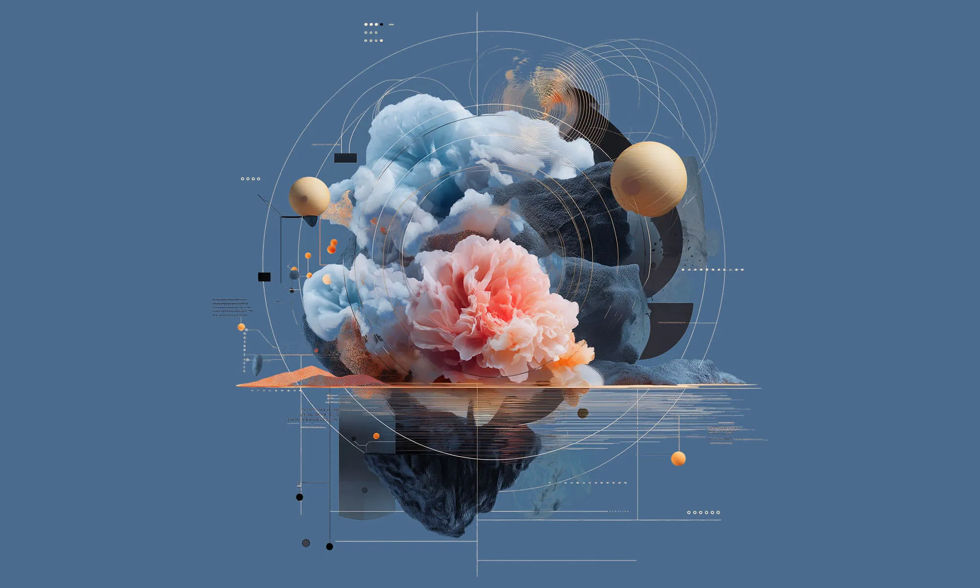 Data clouds, geometric shapes, and dynamic lines visually representing AI-powered transformation, production speed, and increased productivity in the software development lifecycle.