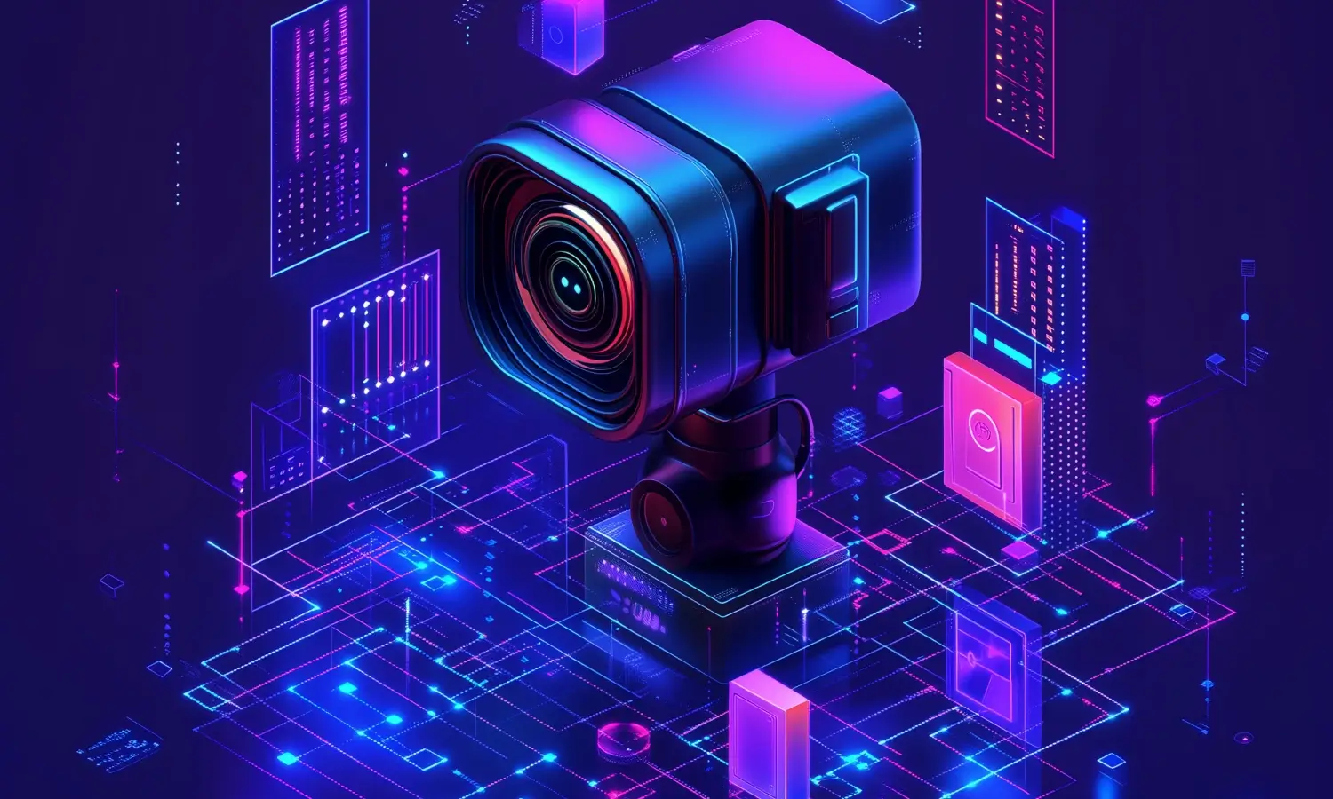 A futuristic camera surrounded by vibrant blue and purple digital elements on a dark background