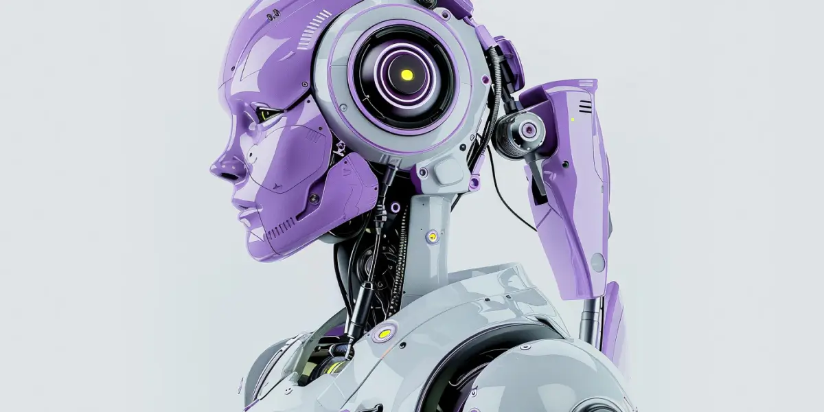 A futuristic, human-like robot in purple and gray
