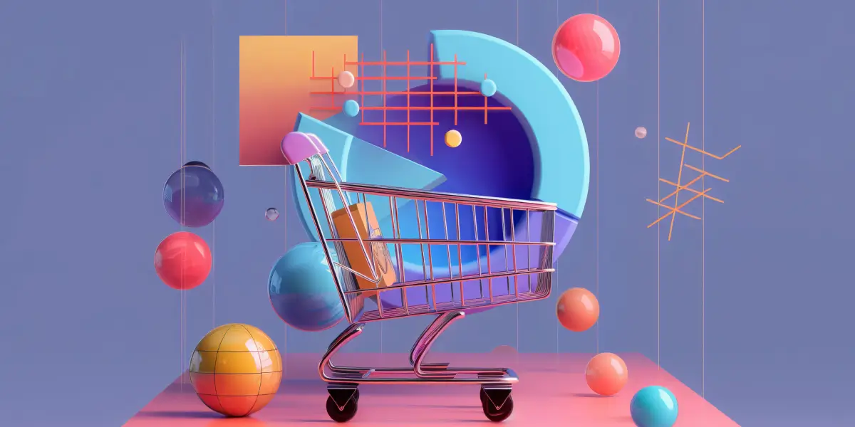 shopping cart surrounded by colorful geometric shapes and spheres
