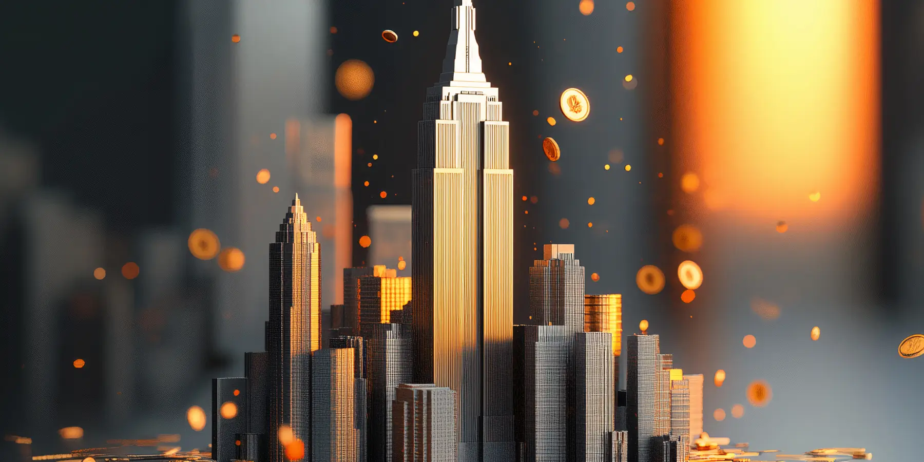 City skyline with skyscrapers and floating golden coins, symbolizing financial growth
