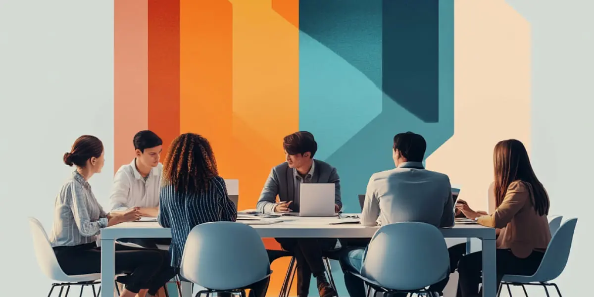 Five people sitting at the table with open laptops, engaged in a discussion