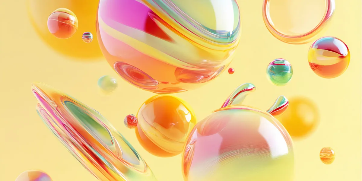 Colorful translucent bubbles floating on a yellow background