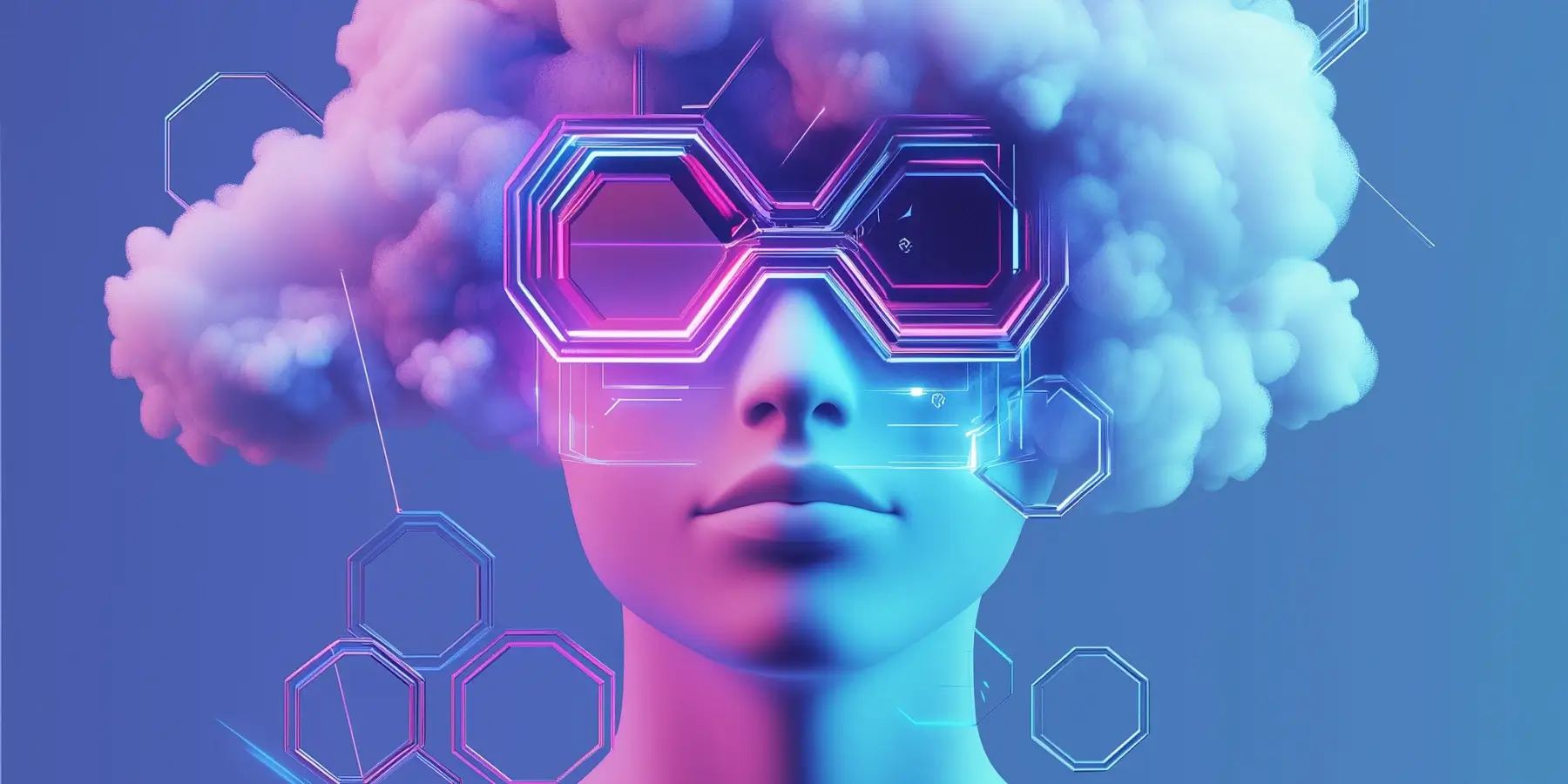 Futuristic digital art of a figure with cloud hair and hexagonal glasses