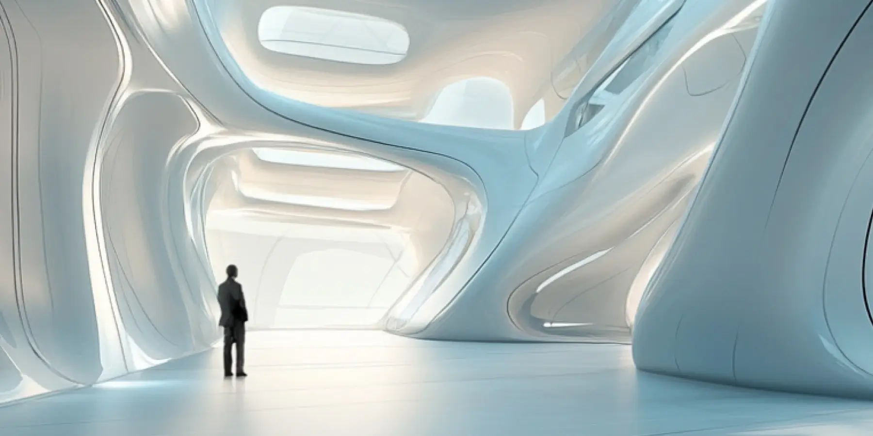 Futuristic white interior with curved walls, skylight, and a person standing in the space