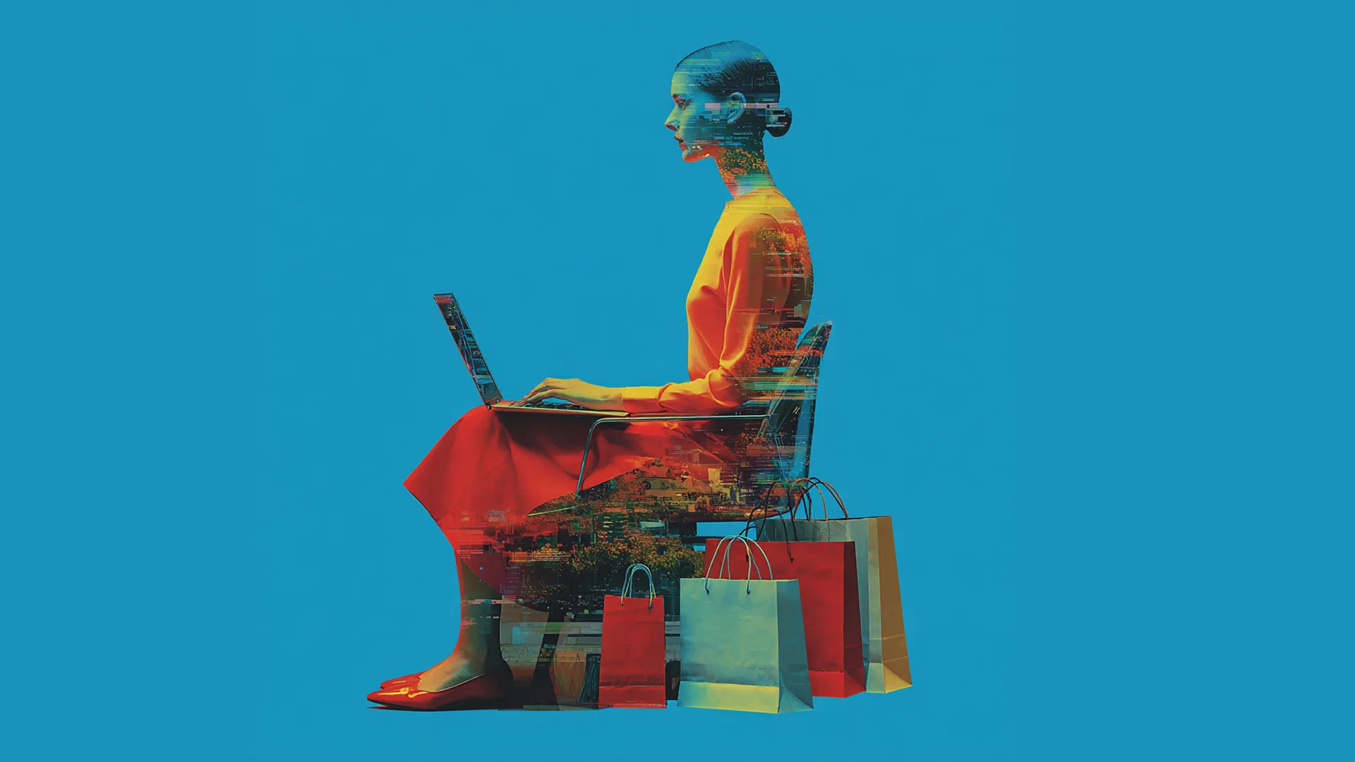 Woman shopping online against blue background representing an agentic commerce demo