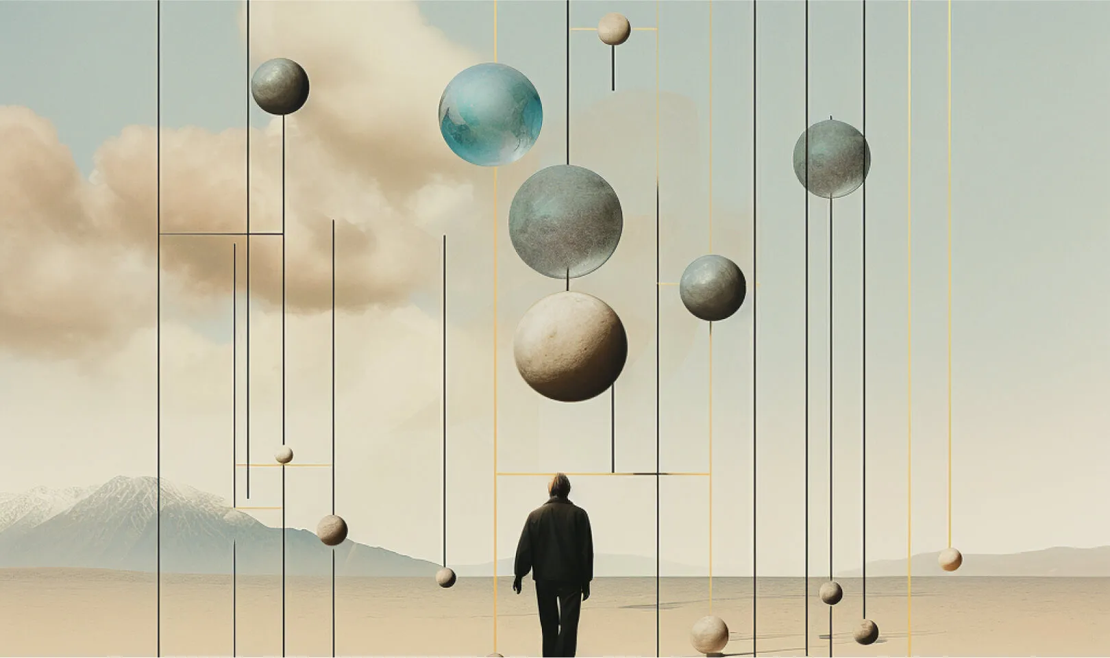 A surreal scene of a person standing in a desert, looking up at floating spheres suspended by thin lines, with soft clouds and distant mountains in the background