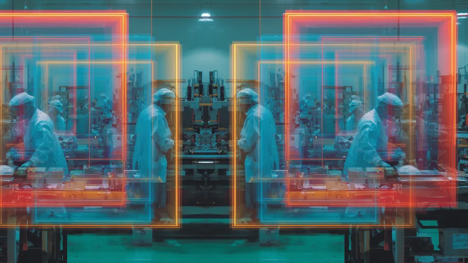 AI compliance video monitoring with real-time object detection overlays tracking workers in manufacturing facility