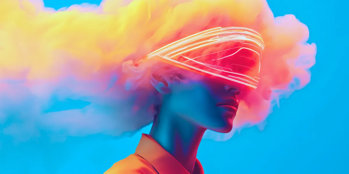 Futuristic woman in neon visor with cloud-like hair