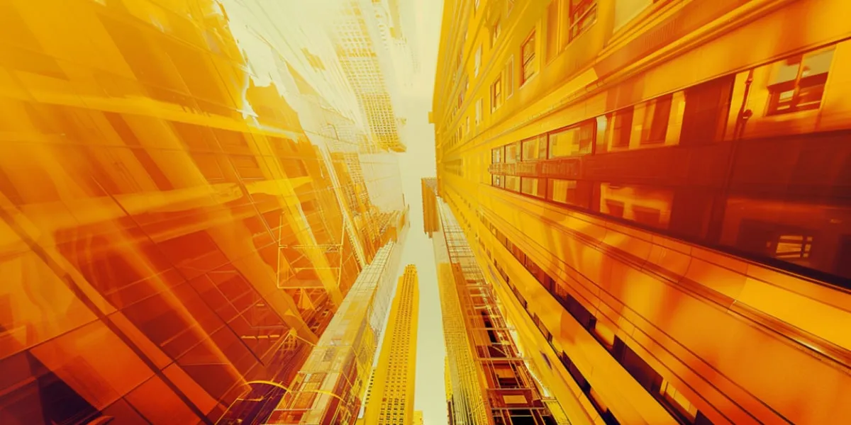 Perspective bottom view of yellow skyscrapers