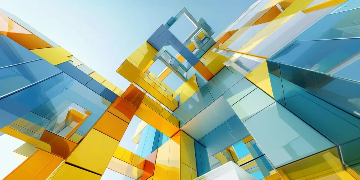 Abstract glass structures in yellow, blue, and orange