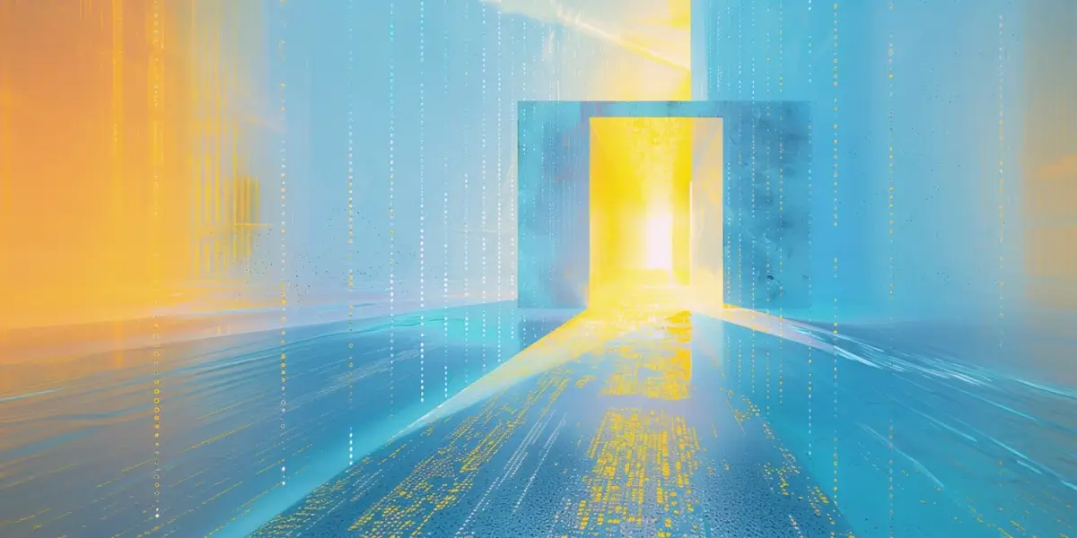 Glowing yellow portal in a digital blue environment