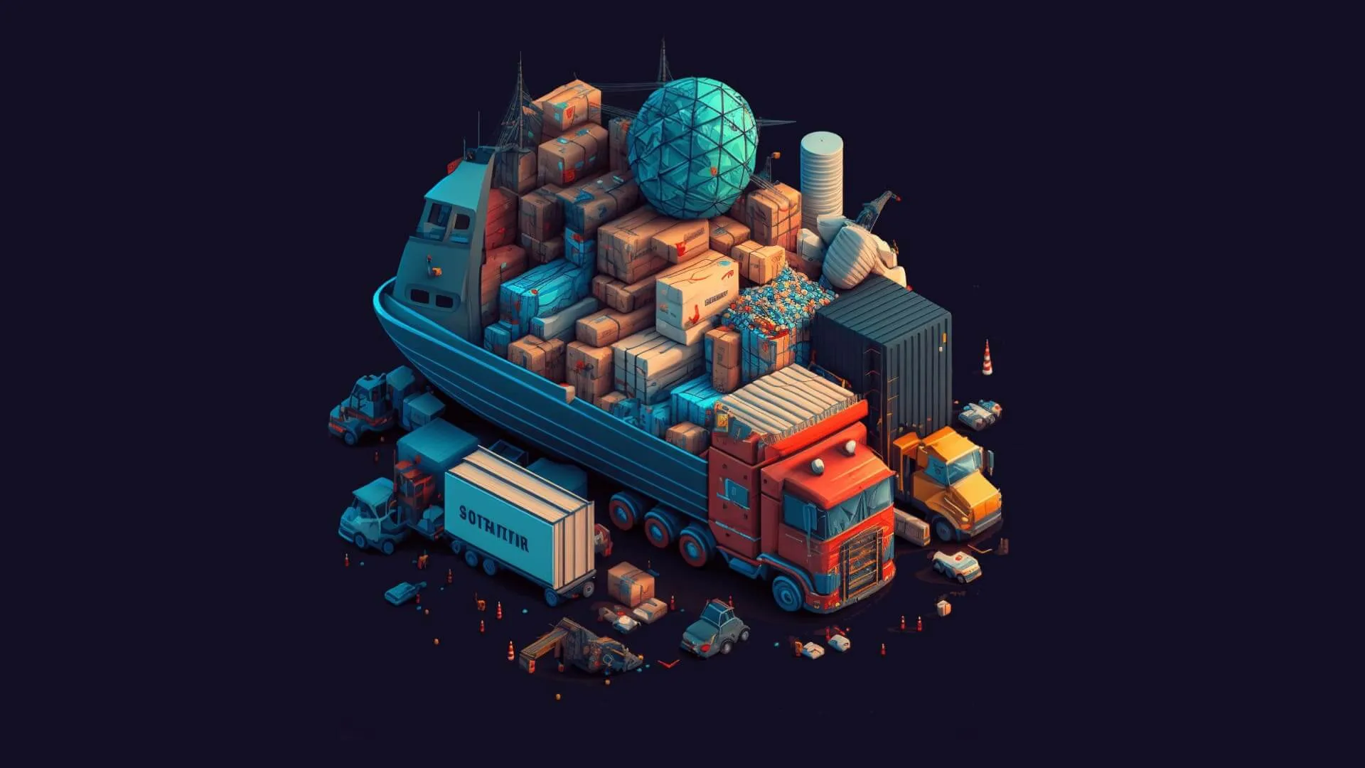 AI style trucks with goods on dark blue background