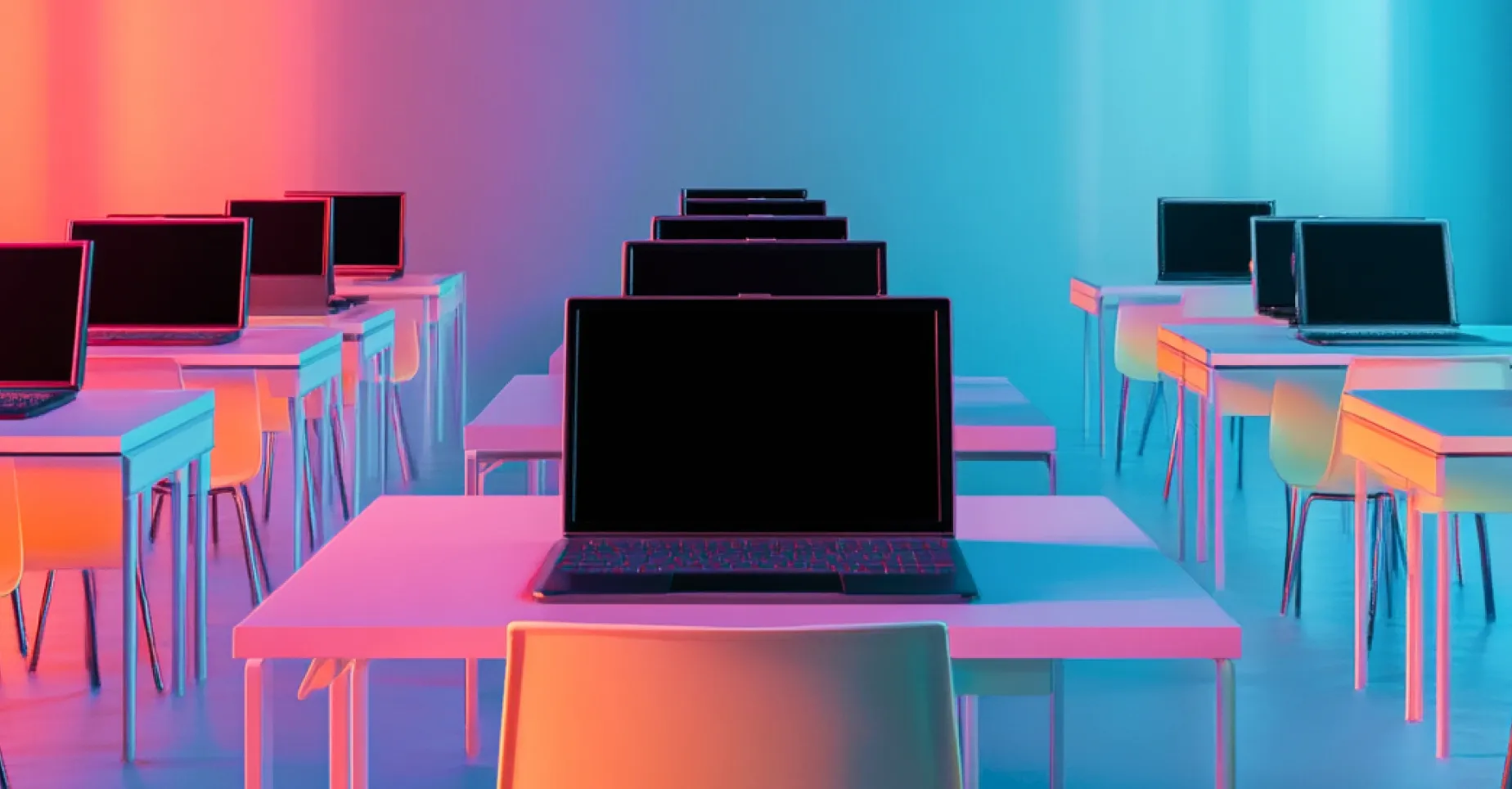 Classroom with rows of laptops on desks