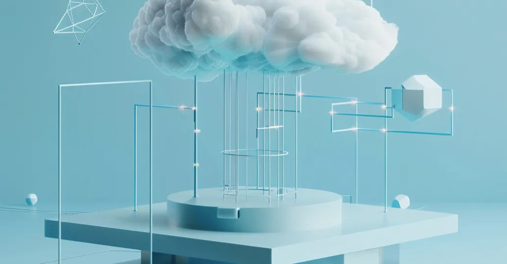 Cloud hovering above a platform, connected by geometric lines and shapes.