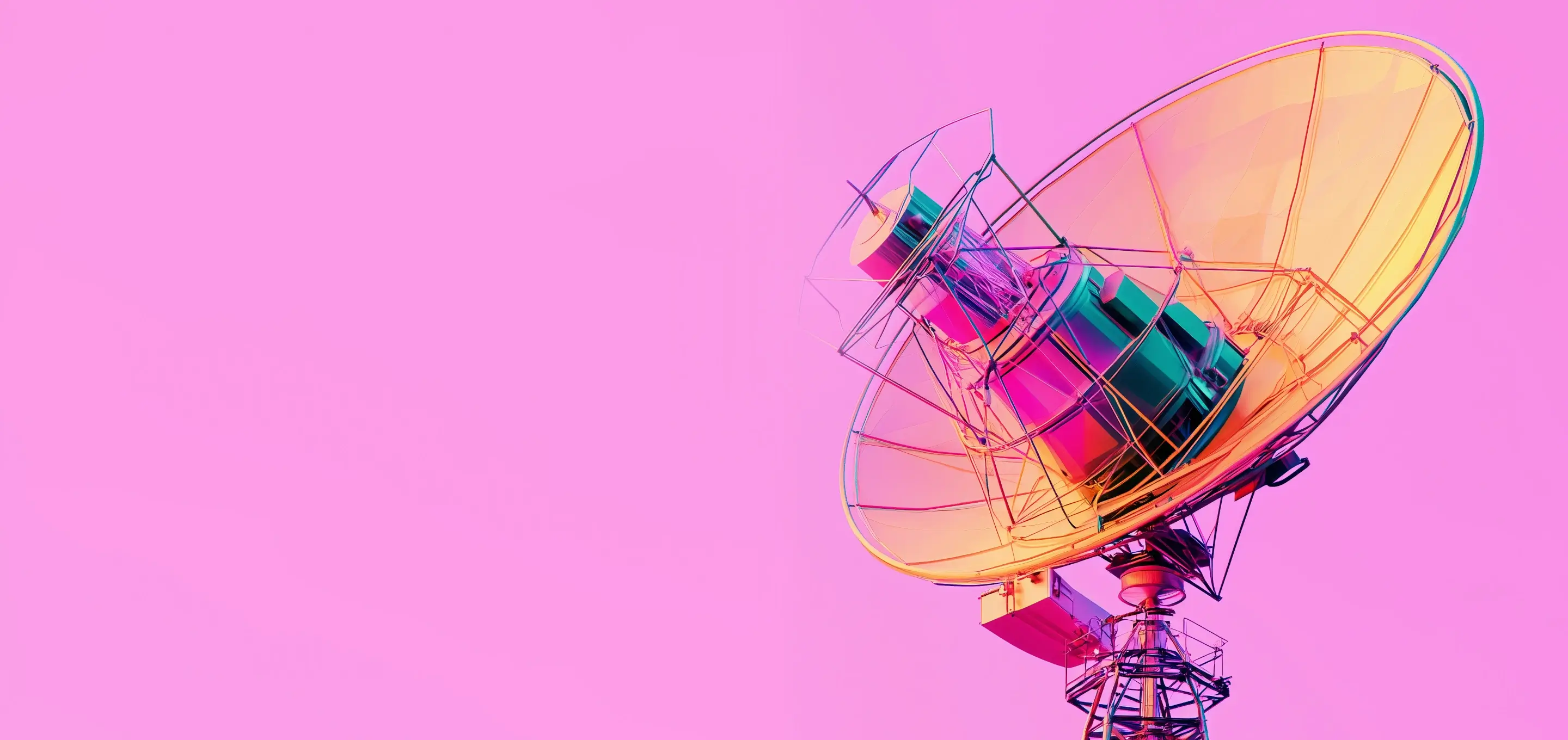 A colorful satellite dish against a pink background