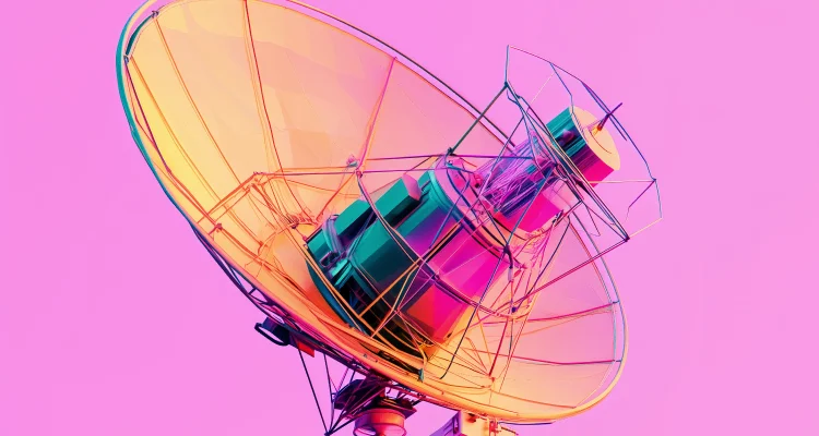 A colorful satellite dish against a pink background