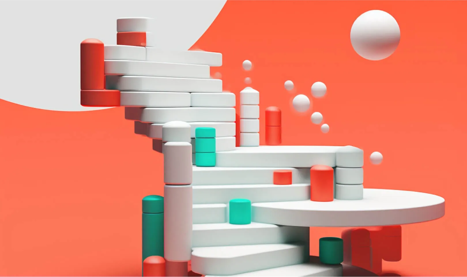 A spiral staircase of stacked cylinders with floating spheres on a red background.