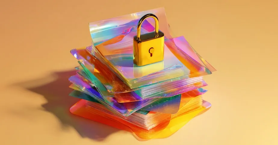 Stack of colorful, translucent documents with a padlock on top, symbolizing secure and automated policy management using AI
