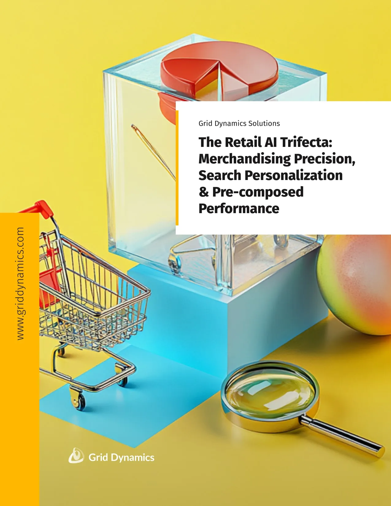 Solution brief cover with miniature shopping cart, transparent display box, colorful sphere, and magnifying glass arranged on a yellow and blue background, representing retail search and merchandising concepts.