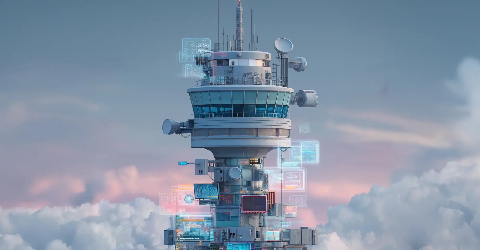 Futuristic control tower with digital displays above clouds