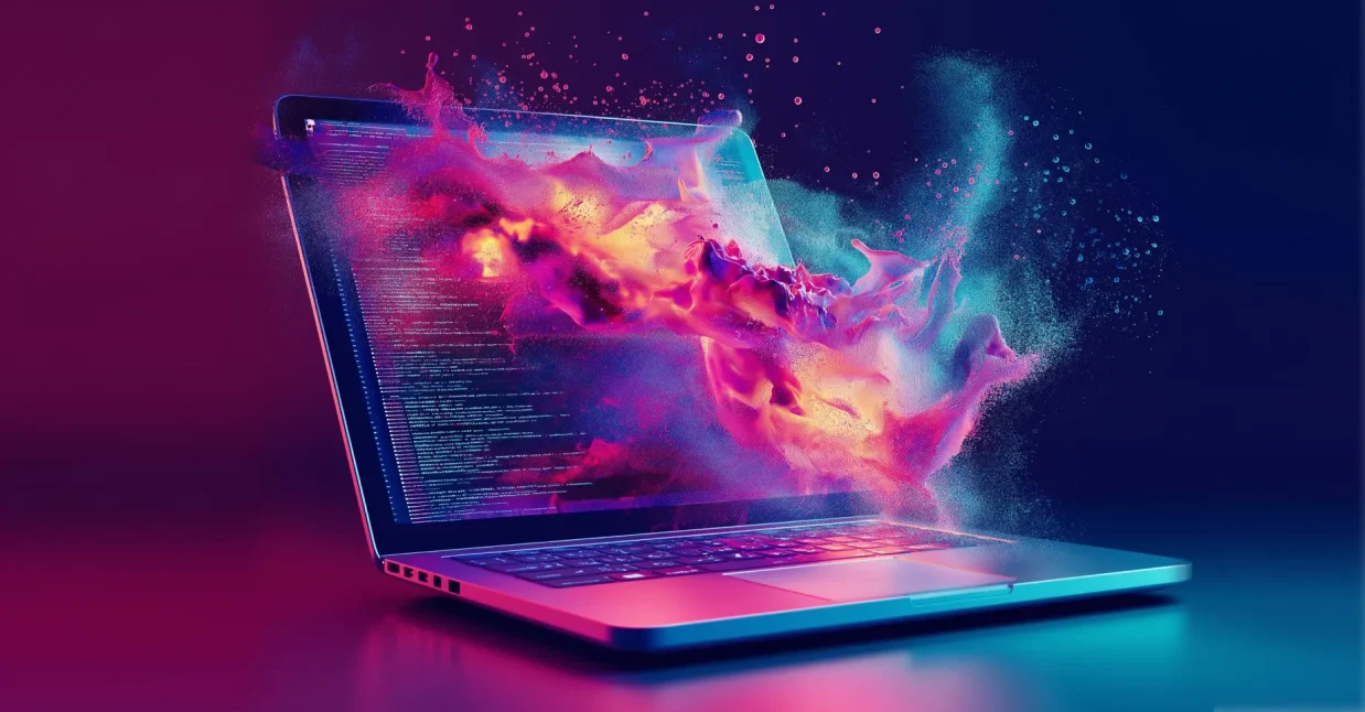 Code on the left side with vibrant pink, purple, and blue fluid colors exploding across a computer screen, representing the dynamic nature of modern web development.