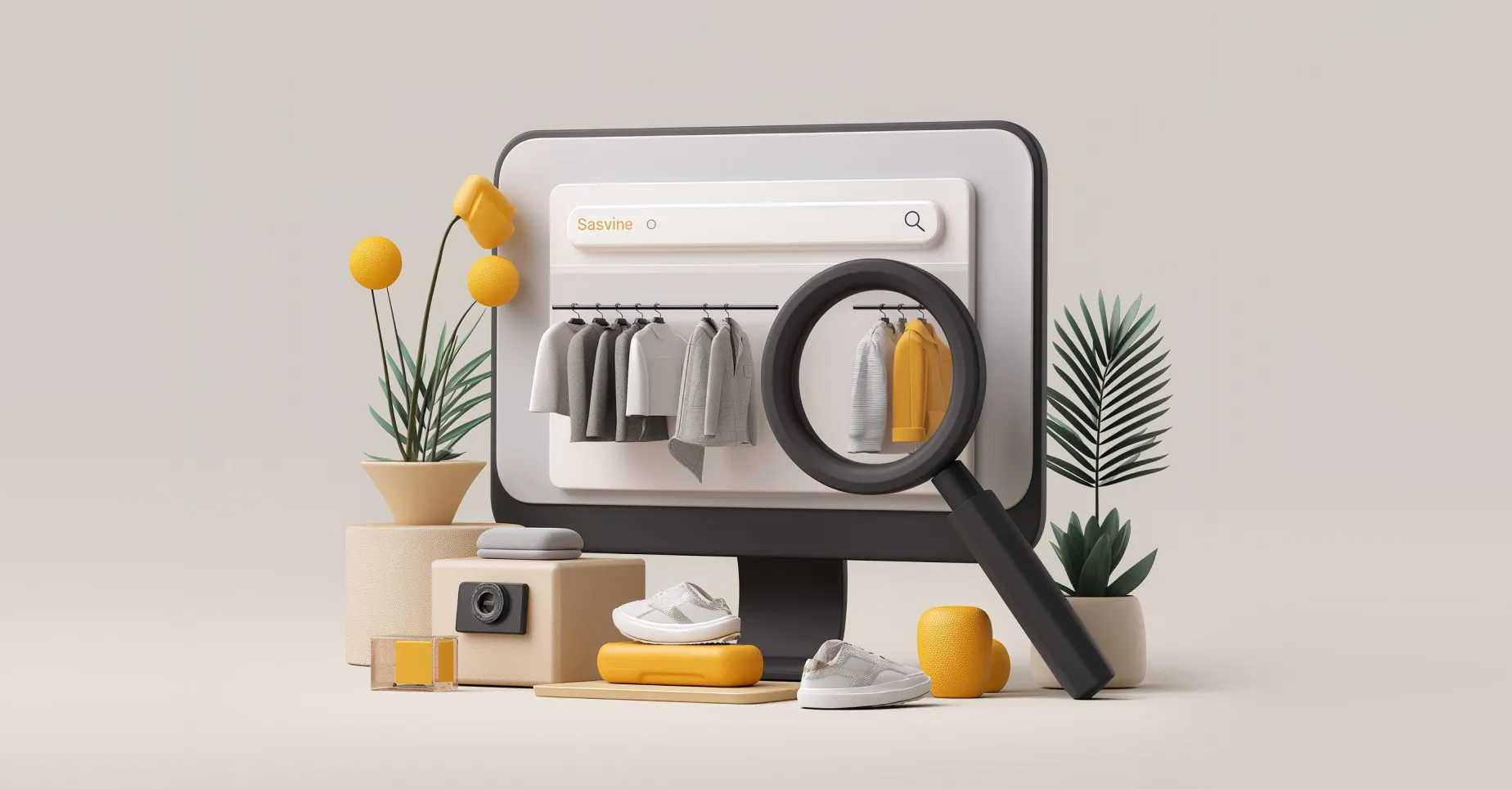 Vertex AI Search demo cover with desktop shopping interface with a magnifying glass over clothing items.