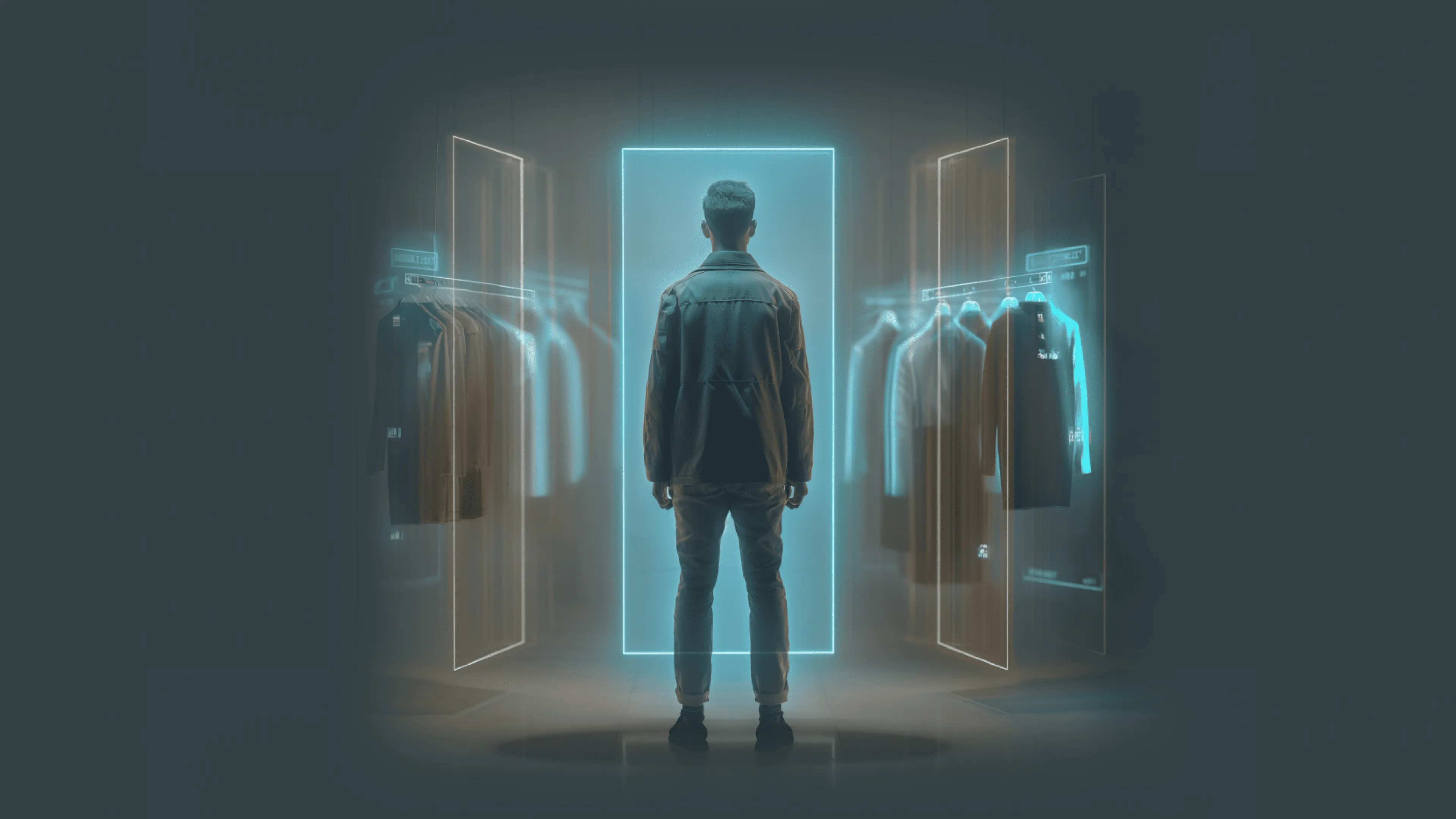 A person standing in front of a virtual wardrobe with holographic clothing displays.